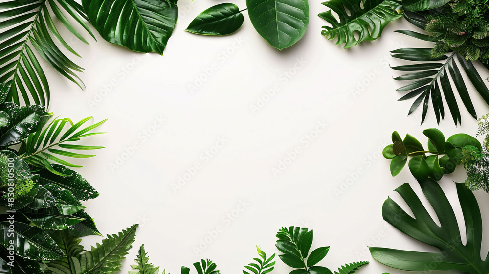Naklejka premium Tropical leaves on white background, top view, graphic poster PPT background