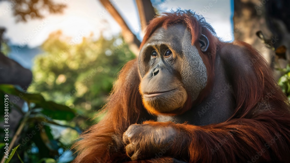 Fototapeta premium photo of a Sumatran orangutan in its natural habitat. Ultra-realistic details of its fur and expressive eyes, with sunlight filtering through the lush green forest canopy, monkey species, ai generated