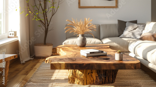 Rustic wooden coffee table, live edge design, cozy living room, soft natural light, and artisanal charm photo