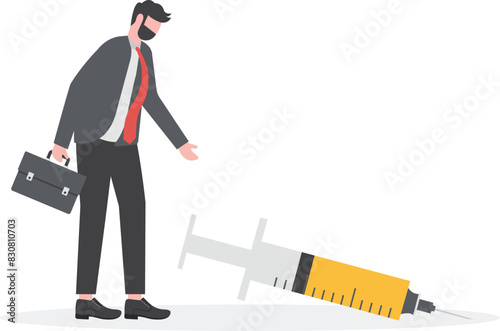 Fear of needles and syringe. Mental health, vaccination. Suffering panic attack and feeling dizzy. Depressed businessman feeling despair. International Day against Drug Abuse and Illicit Trafficking

