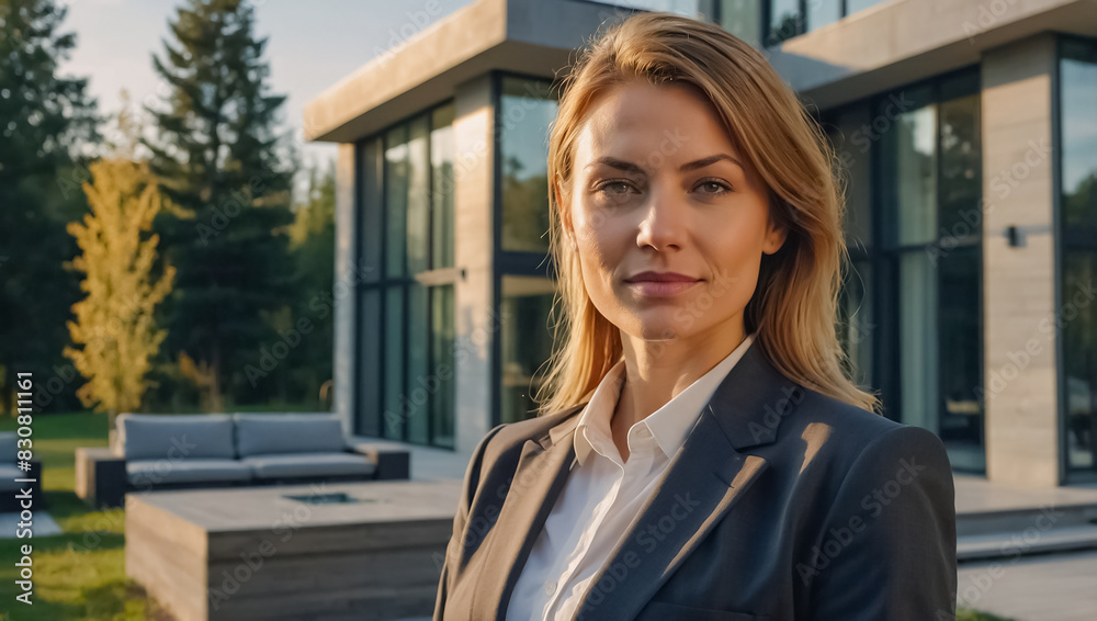 Woman realtor near house in nature Woman realtor near house in nature