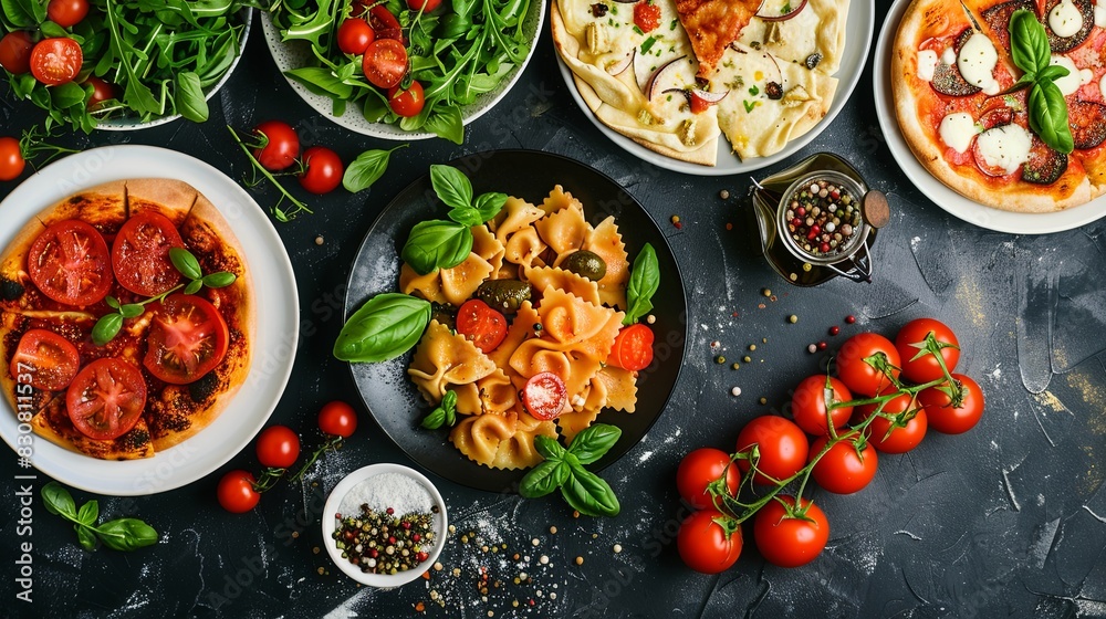 Full table of italian meals on plates Pizza, pasta, ravioli, carpaccio. caprese salad and tomato bruschetta on black background. Top view Full table of italian meals on plates Pizza, pasta, ravioli, carpaccio. caprese salad and tomato bruschetta on black background. Top view