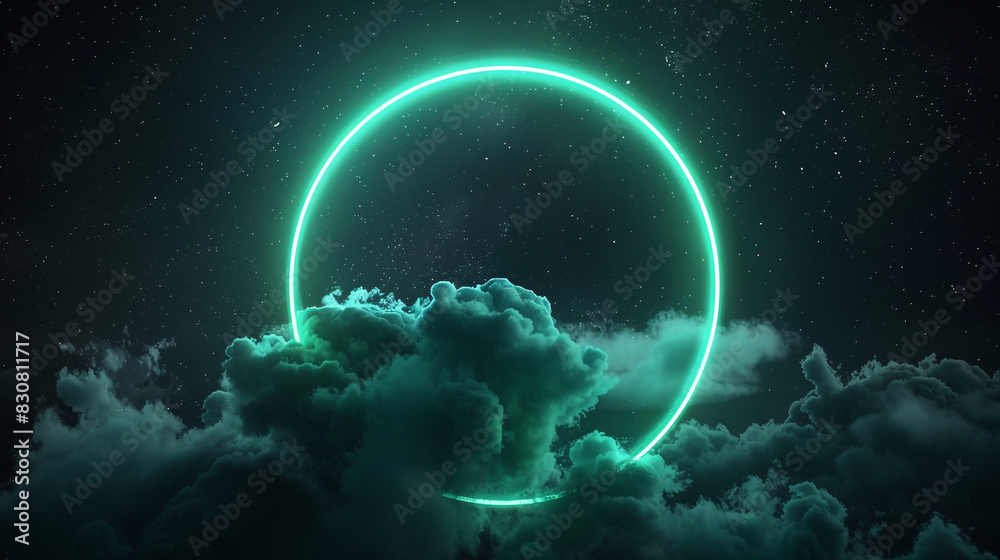 3D widescreen presentation of a dark night sky surrounded by a soft emerald neon ring, 3D widescreen presentation of a dark night sky surrounded by a soft emerald neon ring,
