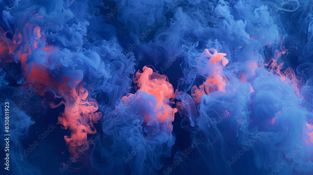Deep indigo smoke enriched with neon coral accents for a mesmerizing event design,