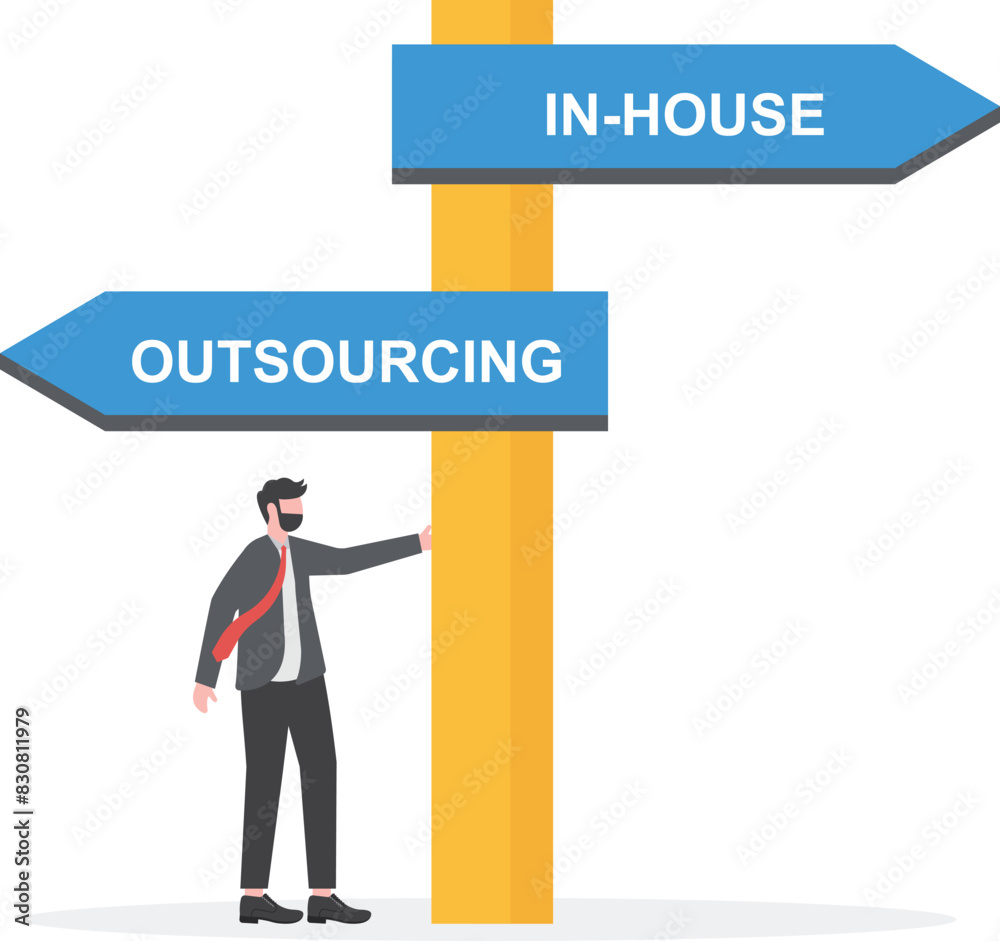 Outsource or inhouse - signpost. Businessman in front of a road sign. The choice of man. Banner outsourcing concept.
Outsource or inhouse - signpost. Businessman in front of a road sign. The choice of man. Banner outsourcing concept.