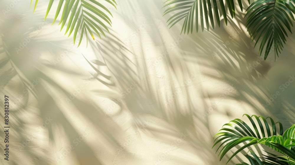 Obraz premium Minimalistic background with blurred palm leaf shadows on light cream wall