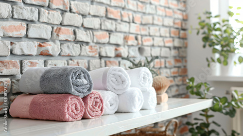 Rolled terry towels on white table near brick wall ind photo