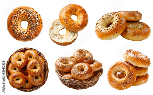 Everything bagel bread roll, spice, poppy sesame seed, garlic pepper on transparent cutout, PNG file. Many assorted different angles, stack, basket, slice, top view. Mockup template for artwork photo