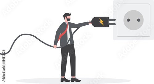 Electric plug with spark. Businessman turns off an electric plug with power outlet. Vector illustration design.

