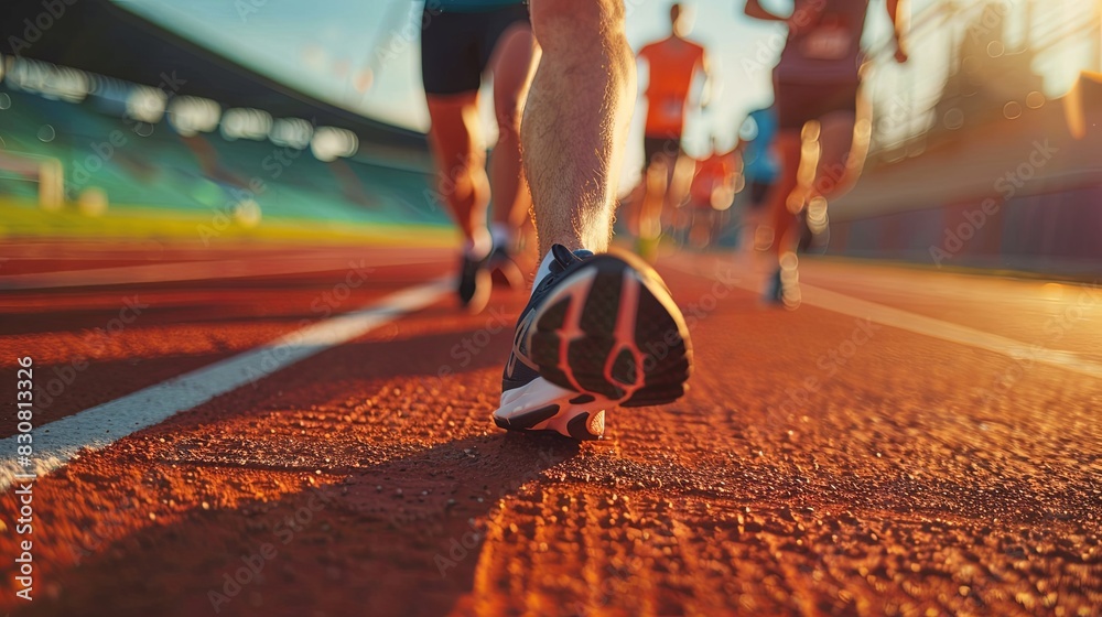 Fototapeta premium Close up of a group of sportsmen runners in sportswear running on a track at a stadium, with a blurred background.