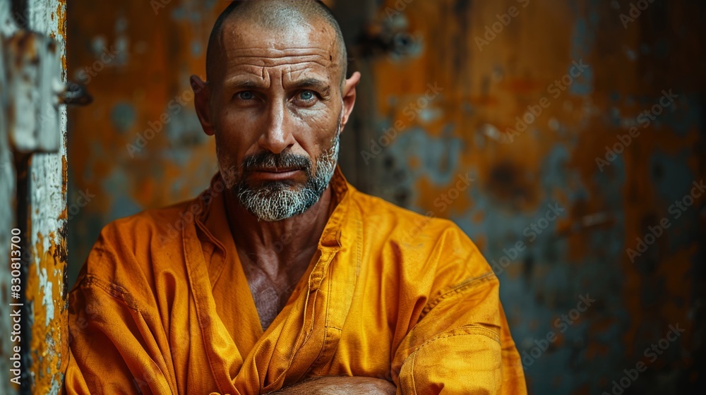 Intense Portrait of Inmate in Orange Prison Uniform with Determined Expression Intense Portrait of Inmate in Orange Prison Uniform with Determined Expression