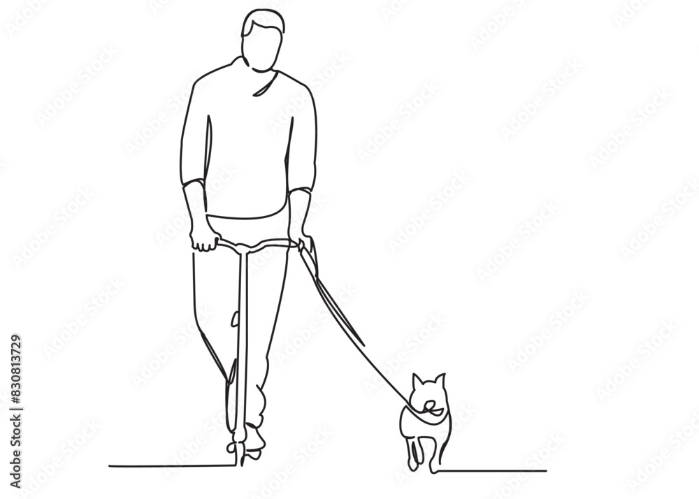 a man on a scooter walks a dog a man on a scooter walks a dog