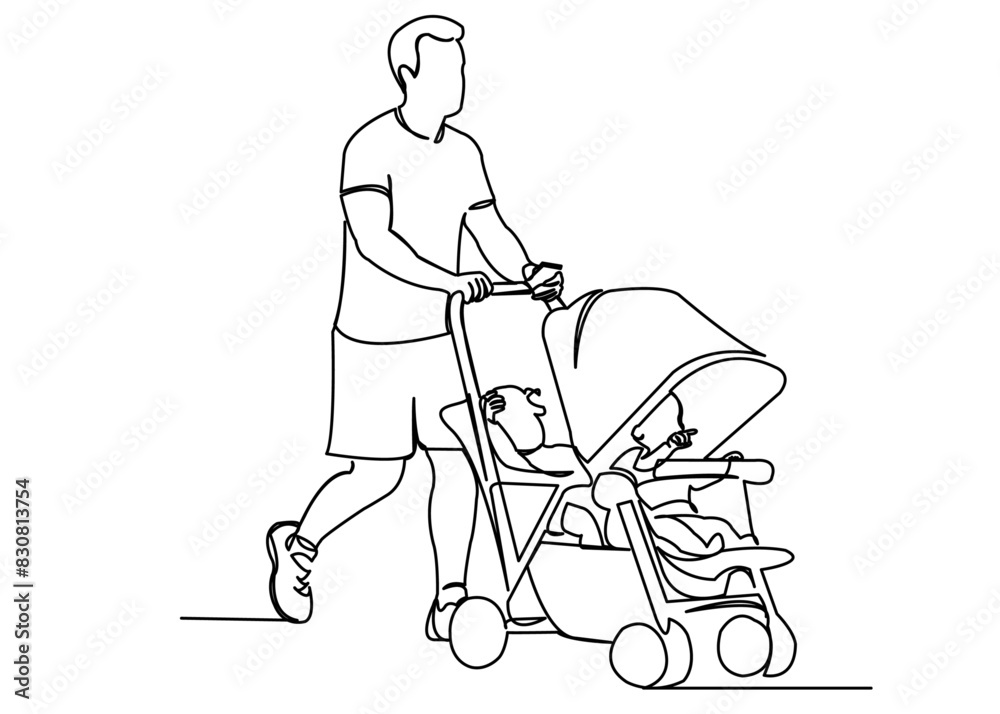 dad with two children in a stroller dad with two children in a stroller