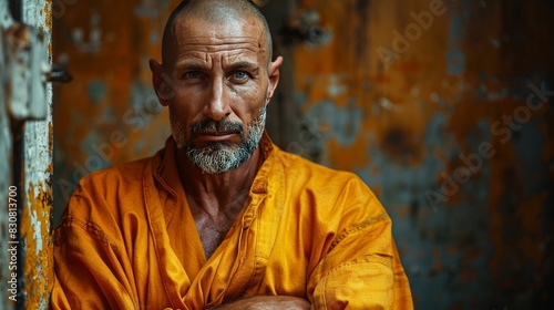 Intense Portrait of Inmate in Orange Prison Uniform with Determined Expression