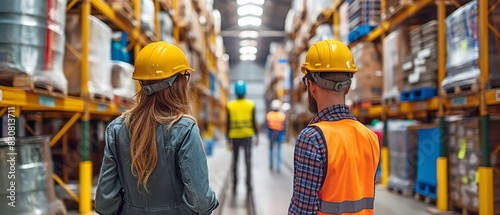 Safety meeting at the warehouse  wearing hard helmets. industrial cooperation.