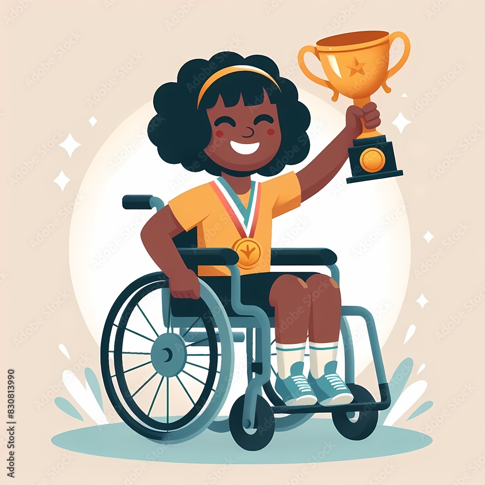 Champion Girl in Wheelchair Holding Trophy with Joyful Smile Champion Girl in Wheelchair Holding Trophy with Joyful Smile