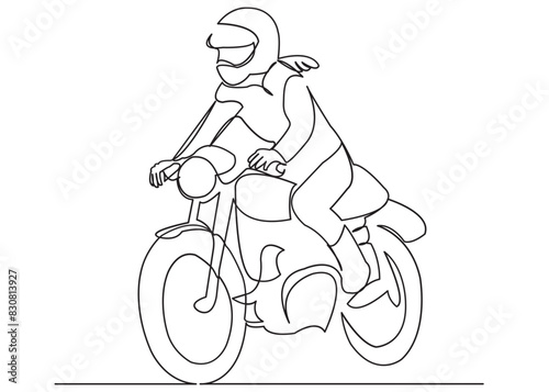 continuous single drawn one line girl woman is riding a motorbike motorcycle bike drawn by hand picture silhouette. Line art.