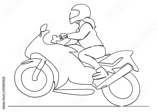 continuous single drawn one line girl woman is riding a motorbike motorcycle bike drawn by hand picture silhouette. Line art.