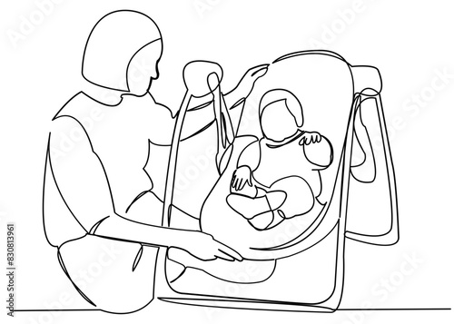 continuous single drawn one line mom with baby in a swing for newborns painted by hand picture silhouette. Line art.