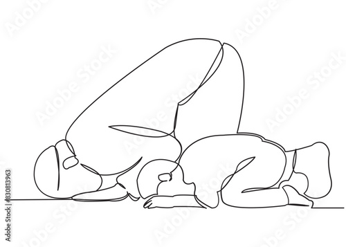 continuous single drawn one line of muslim son with father praying hand-drawn picture silhouette. Line art. Muslims pray