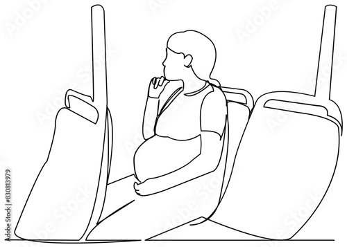 continuous single drawn one line pregnant woman in bus drawn by hand picture silhouette. Line art.