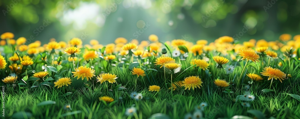 Obraz premium Lush green grass with blooming dandelions in spring, natural garden background, young foliage, vibrant landscape, highresolution image, colorful and serene, ideal for nature scenes