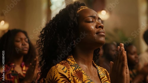 Black woman in a yellow dress is praying with tears on her cheeks, surrounded by others in a warmlite setting.
