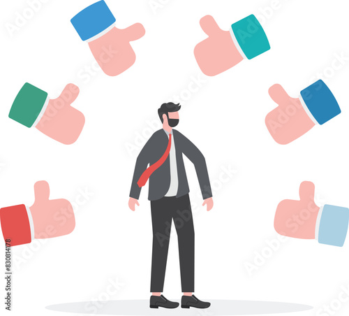 Happy and proud businessman with many thumbs up hands around him. Business compliment concept.

