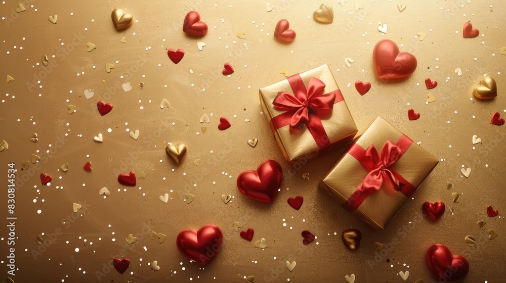 Valentine s Day theme Lovely hearts and present box on a golden backdrop Flat lay concept for Valentine s Day Valentine s Day theme Lovely hearts and present box on a golden backdrop Flat lay concept for Valentine s Day