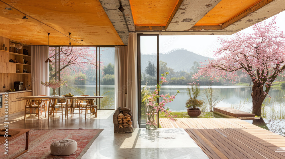 Fototapeta premium Natural yellow shade dining room of a house resort by lake cherry blossom