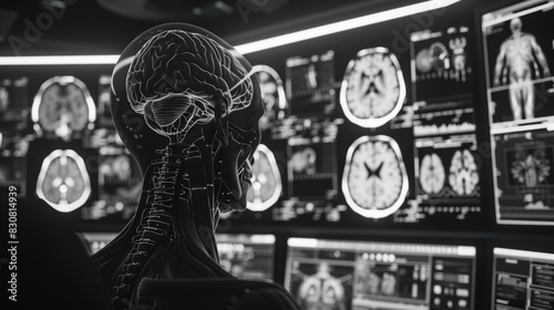A high-tech neurorobotic research lab with a humanoid robot and brain scans displayed on cybernetic monitors in a futuristic setting. photo
