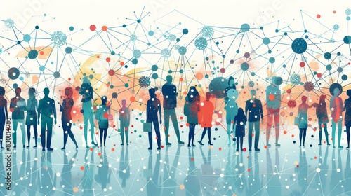 Abstract illustration of a diverse group of people connected by intricate network lines, symbolizing community and connectivity. photo