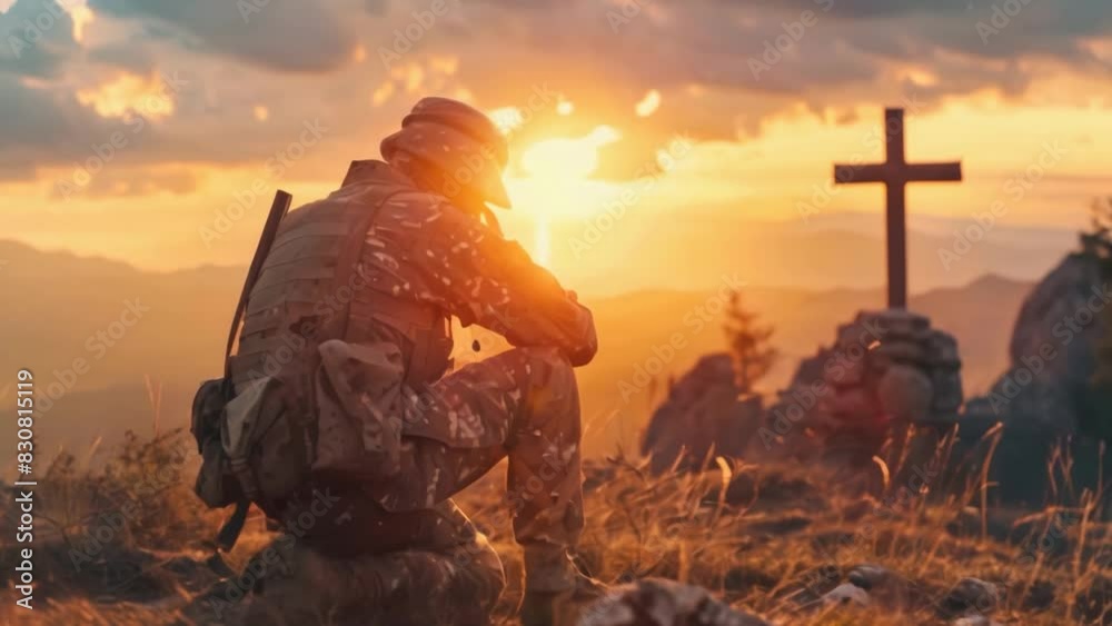 A soldier kneeling before a cross at sunset, reflecting or praying in a tranquil natural setting.