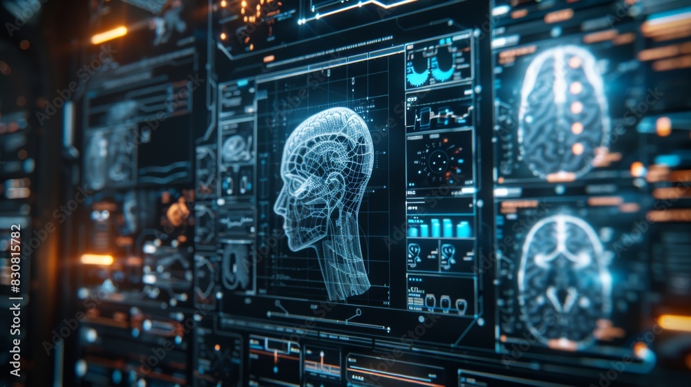 Futuristic digital brain interface on a high-tech screen displaying neural networks, artificial intelligence, and data analysis in a modern lab setting. Futuristic digital brain interface on a high-tech screen displaying neural networks, artificial intelligence, and data analysis in a modern lab setting.
