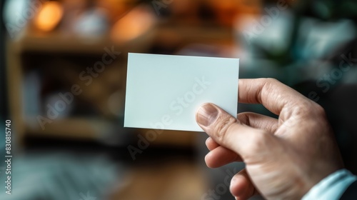 Hand holding a business card, closeup, blurred networking event background, professional and vibrant, highresolution image, dynamic and detailed