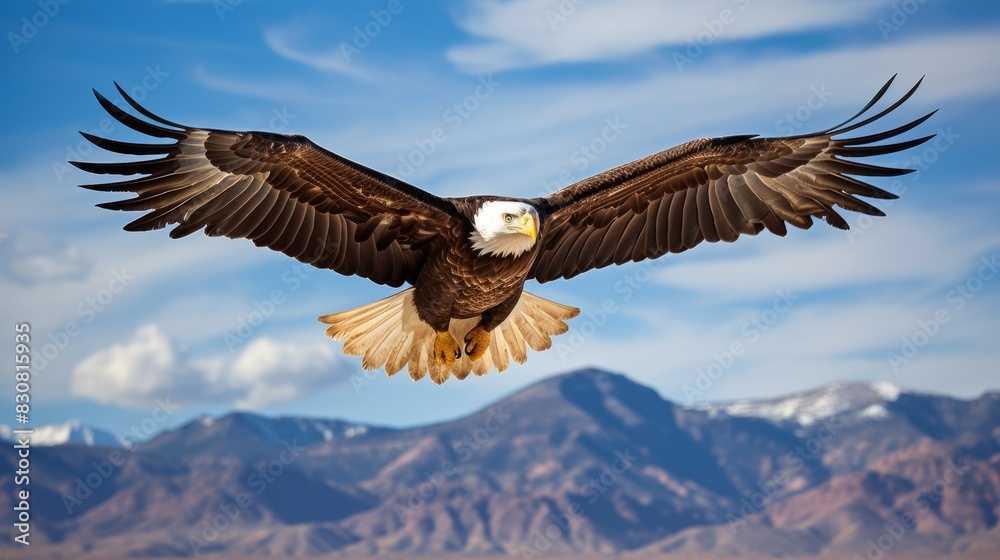 Obraz premium Majestic Bald Eagle Soaring in Clear Blue Sky with Mountains in Background