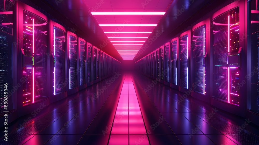Futuristic neon-lit data center with rows of server racks, representing advanced technology and high-tech infrastructure. Futuristic neon-lit data center with rows of server racks, representing advanced technology and high-tech infrastructure.
