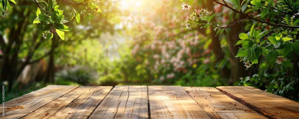 Naklejka premium Green young foliage and flowering branches in a spring garden, empty wooden table under sunlight, nature outdoors, bright and cheerful, highquality stock photo, copy space