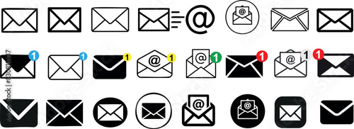 Email icon vector set features envelopes, notifications, and at symbols. Ideal for messaging apps, communication designs, and email marketing