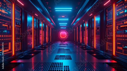 Futuristic server room with glowing blue and red lights, depicting advanced data technology and modern computing infrastructure. photo