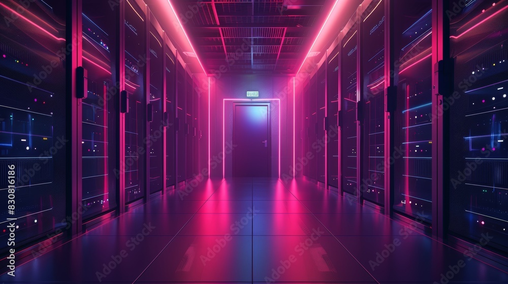 Modern data center corridor with vibrant neon lights, showcasing high-tech servers and advanced technology infrastructure.