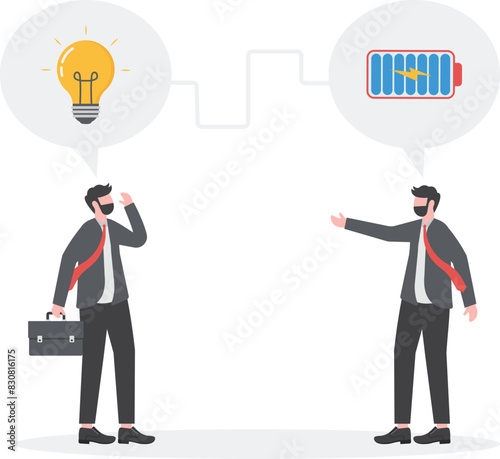 successful businessman charging battery power to another businessman's idea bulb

