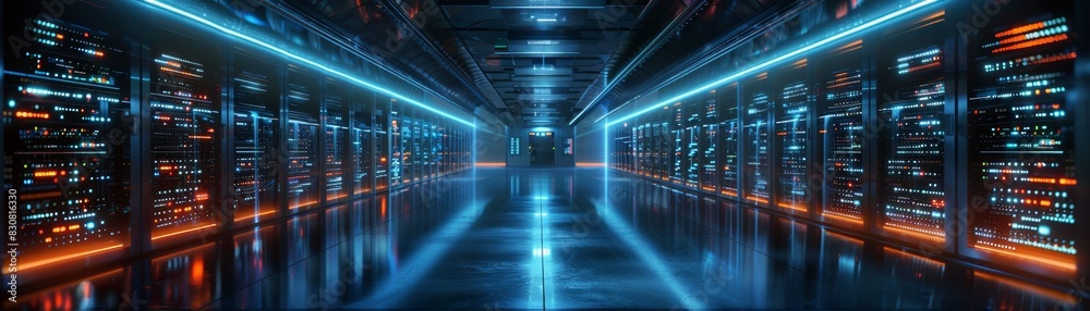 Futuristic data center with glowing lights, extensive server racks, and high-tech infrastructure for advanced digital storage and processing needs.