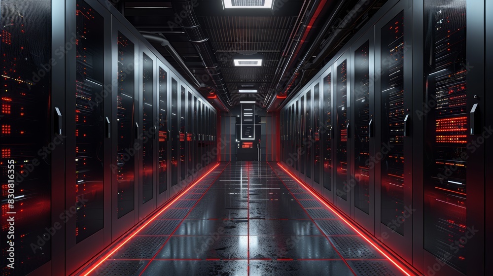 Futuristic data center with red neon lights illuminating server racks, showcasing modern technology and infrastructure. Futuristic data center with red neon lights illuminating server racks, showcasing modern technology and infrastructure.