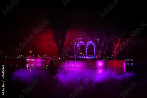 The photo of Swan Pond in Tallinn Kadriog park, taken during Festival of lights. Tallinn, Estonia.