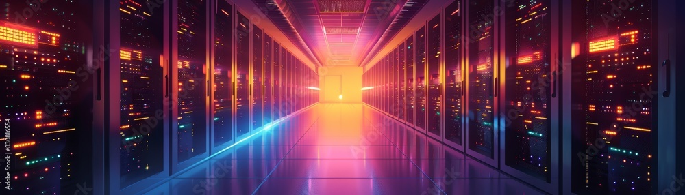 Vibrant futuristic data center with glowing servers, neon lights, and a digital pathway leading to a bright light, symbolizing technology and innovation. Vibrant futuristic data center with glowing servers, neon lights, and a digital pathway leading to a bright light, symbolizing technology and innovation.