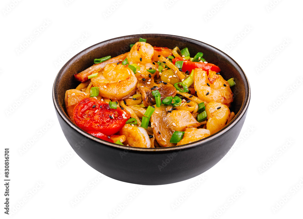 Shrimp stir fry in bowl isolated on white background