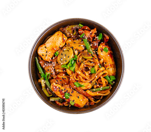 Spicy asian noodle stir-fry in bowl