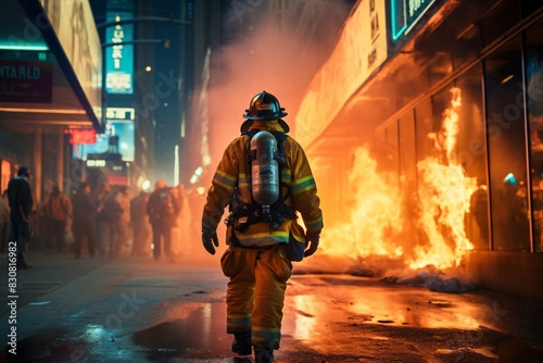 a firefighter walking down a street with a fire behind him