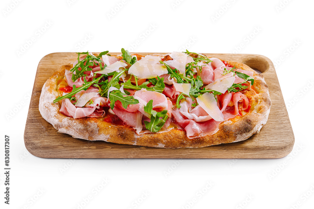 Gourmet italian pizza with prosciutto and arugula Gourmet italian pizza with prosciutto and arugula